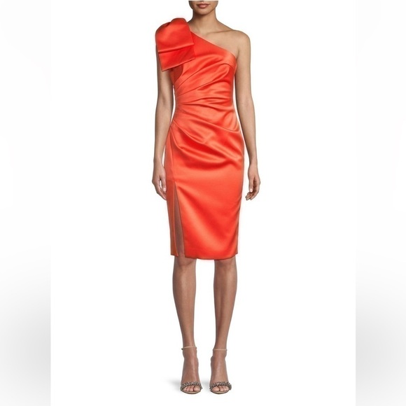 LAVISH Alice Bow-Shoulder Satin Midi-Dress In Coral Red - Picture 1 of 7